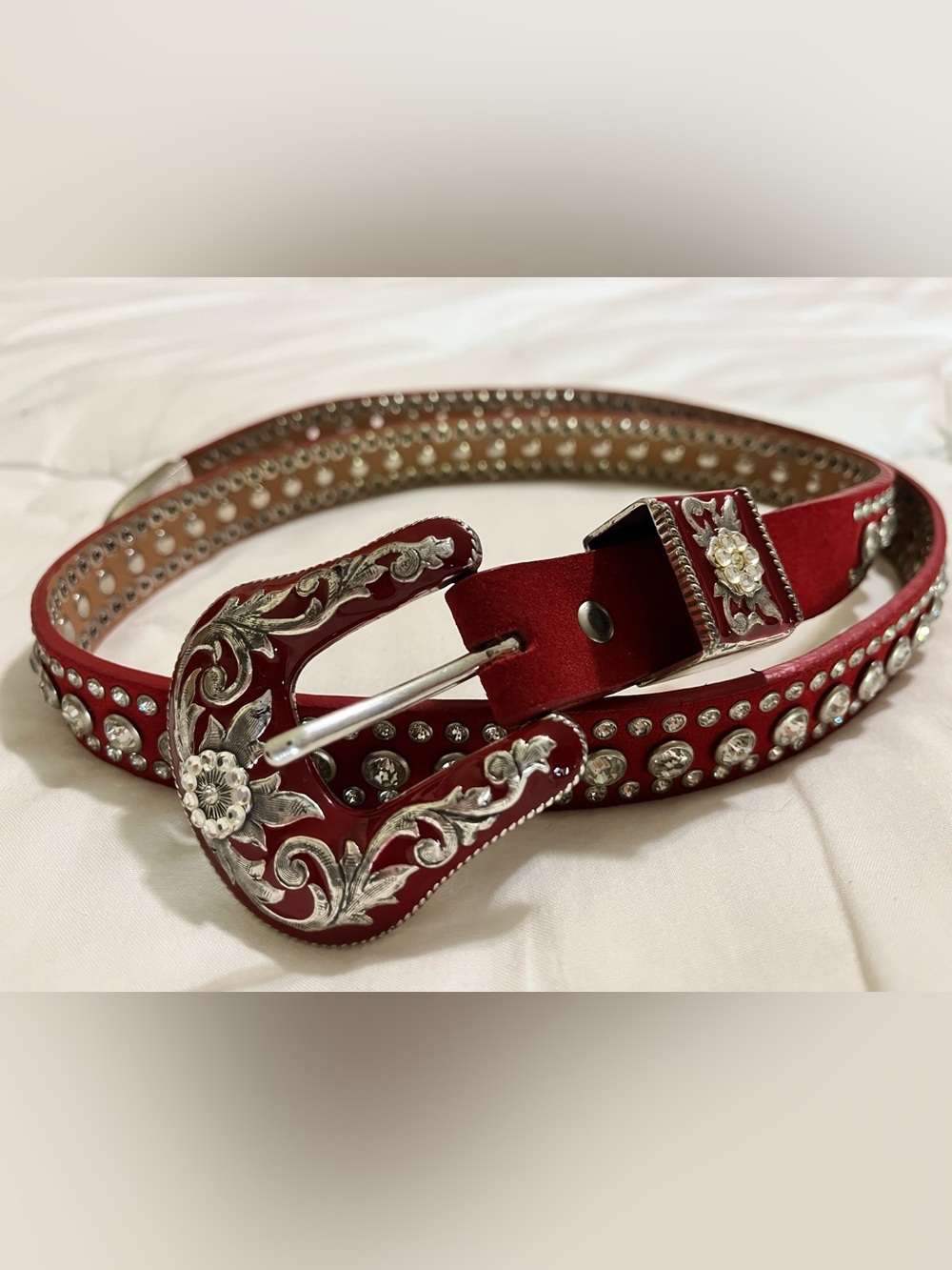 Nocona Belt Co Women's Red Leather Western Belt Rhinestones Floral Details